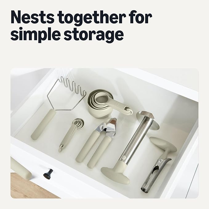 Amazon Basics Measuring Cups and Spoons, 10-Piece Set, Dishwasher-Safe, Linen Gray