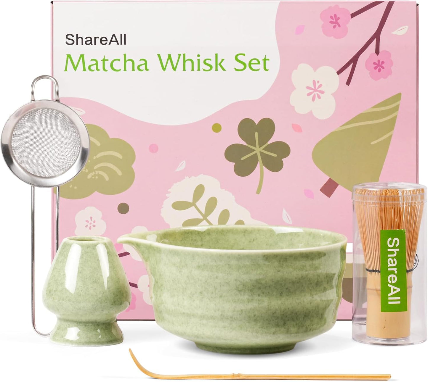 Matcha Set, 5 Pcs Matcha Whisk Set Includes Ceramic Matcha Bowl with Spout, Bamboo Matcha Whisk Chasen, Holder,Scoop,Sifter, Matcha Kit for Making Breakfast & Latte, Gift for beginners(Green)
