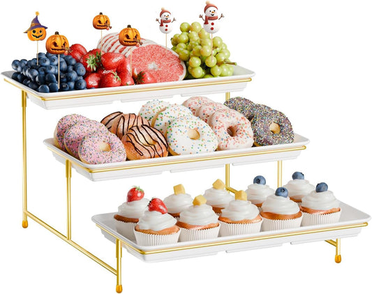 3-Tier Melamine Serving Tray Set, 14"x7" Platters for Serving Food, White Reusable Trays with Golden Metal Display Stand for Cupcakes, Sevring Food, Dessert, Fruit, Cookie, 24K Gold-Plated