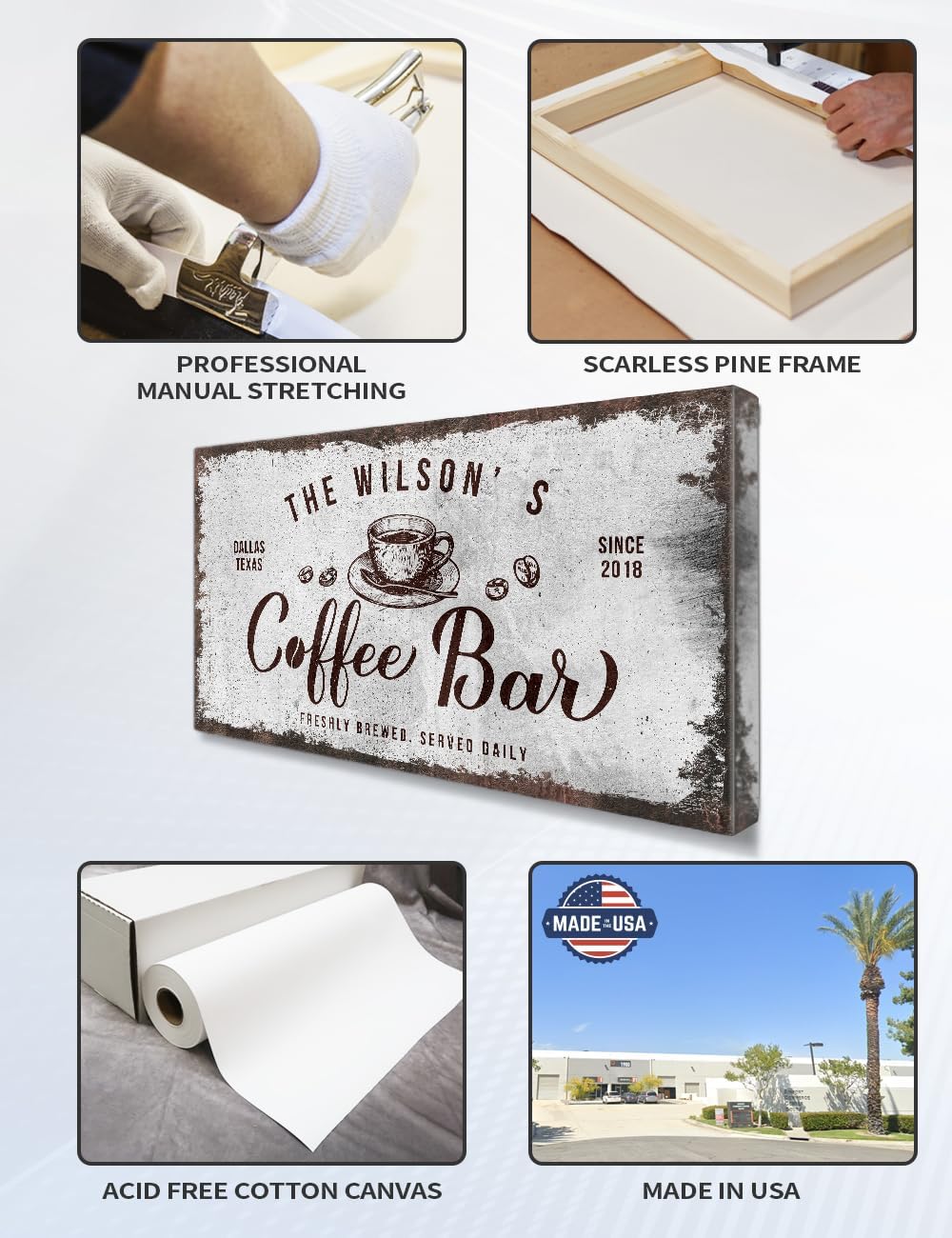 IPIC - Custom Tailored Canvas Coffee Bar Sign, Personalized Wall Art Decor with Family Name, Large Canvas Signage for Home, Kitchen, Coffee Station, Business, and Office