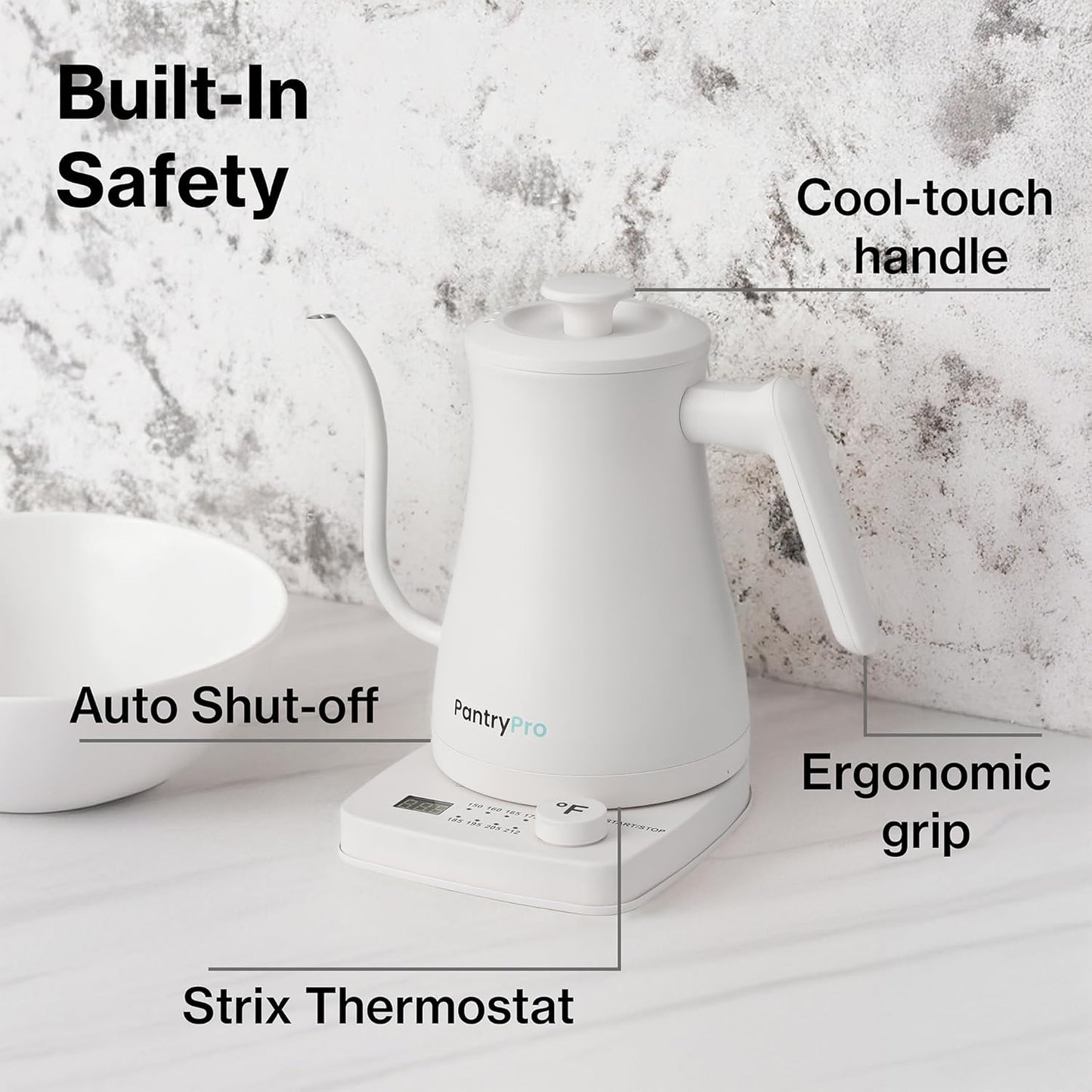 1.0L 1500W Gooseneck Electric Kettle - Stainless Steel Interior - Rapid-Boil - Auto Shut-Off, Boil-Dry Protection, Temperature Control, LED Indicator - White by The Display Guys