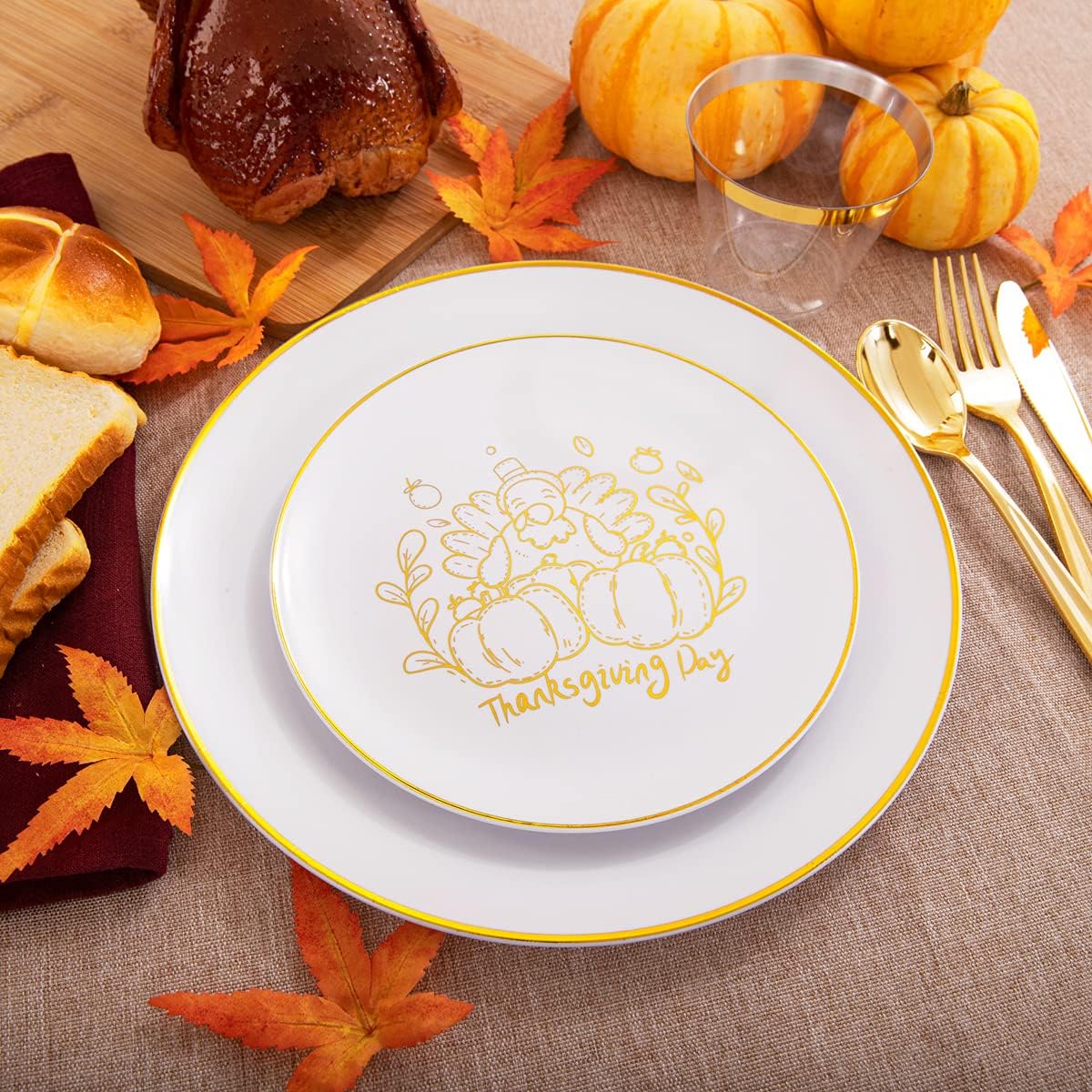 KIRE 25 Guests Gold Plastic Plates - Thanksgiving Plates with Turkey pattern & Gold Disposable Cutlery & Plastic Cups - Perfect for Thanksgiving, Halloween, Parties, Autumn Holiday