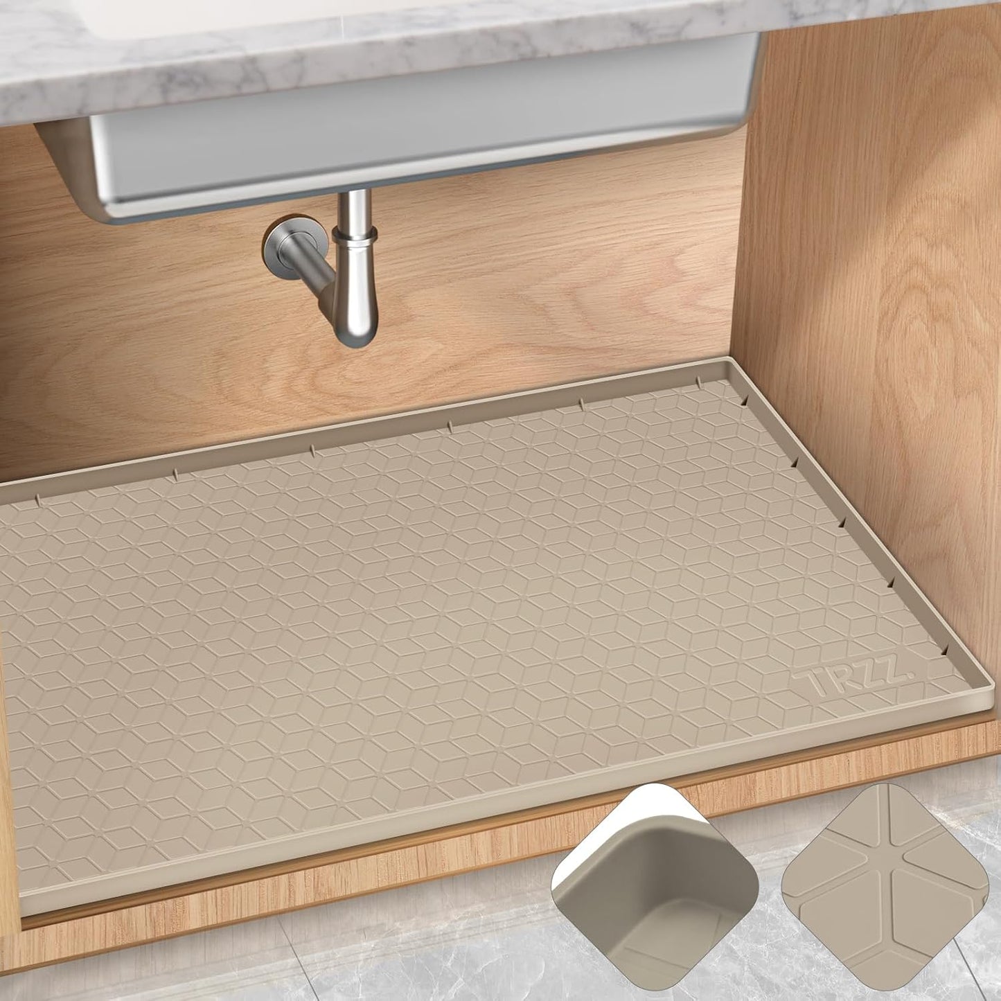 TRZZ Silicone Waterproof Under Sink Mat 28" x 19", Drip Tray and Cabinet Liner for Kitchen and Bathroom, Prevents Water Damage and Organizes Cabinets (Khaki)