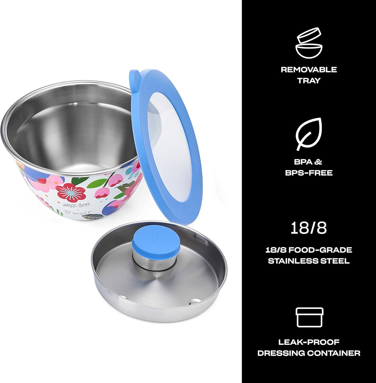 S'well Stainless Steel Salad Bowl Kit 64oz, Steffi Lynn x S'well, Comes with 2oz Mini Canister and Removable Tray for Organization, Leakproof, Easy to Clean, Dishwasher Safe