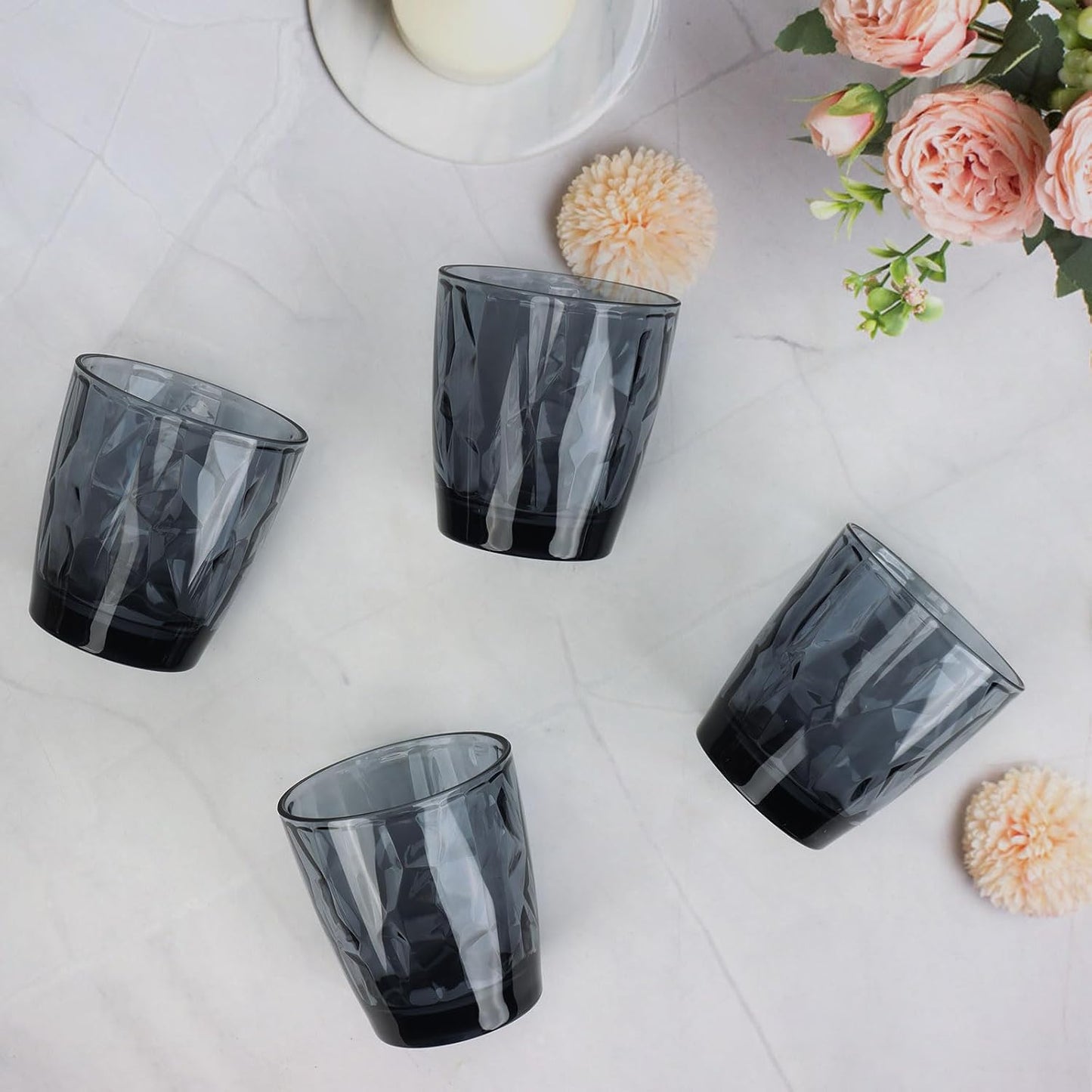 Topsky 10 oz Plastic Water Tumblers | Set of 4 Transparent Unbreakable Drinking Glasses Clear Acrylic Reusable Juice Wine Cups for Home Picnic Party, Dishwasher Safe, Stackable (Gray)