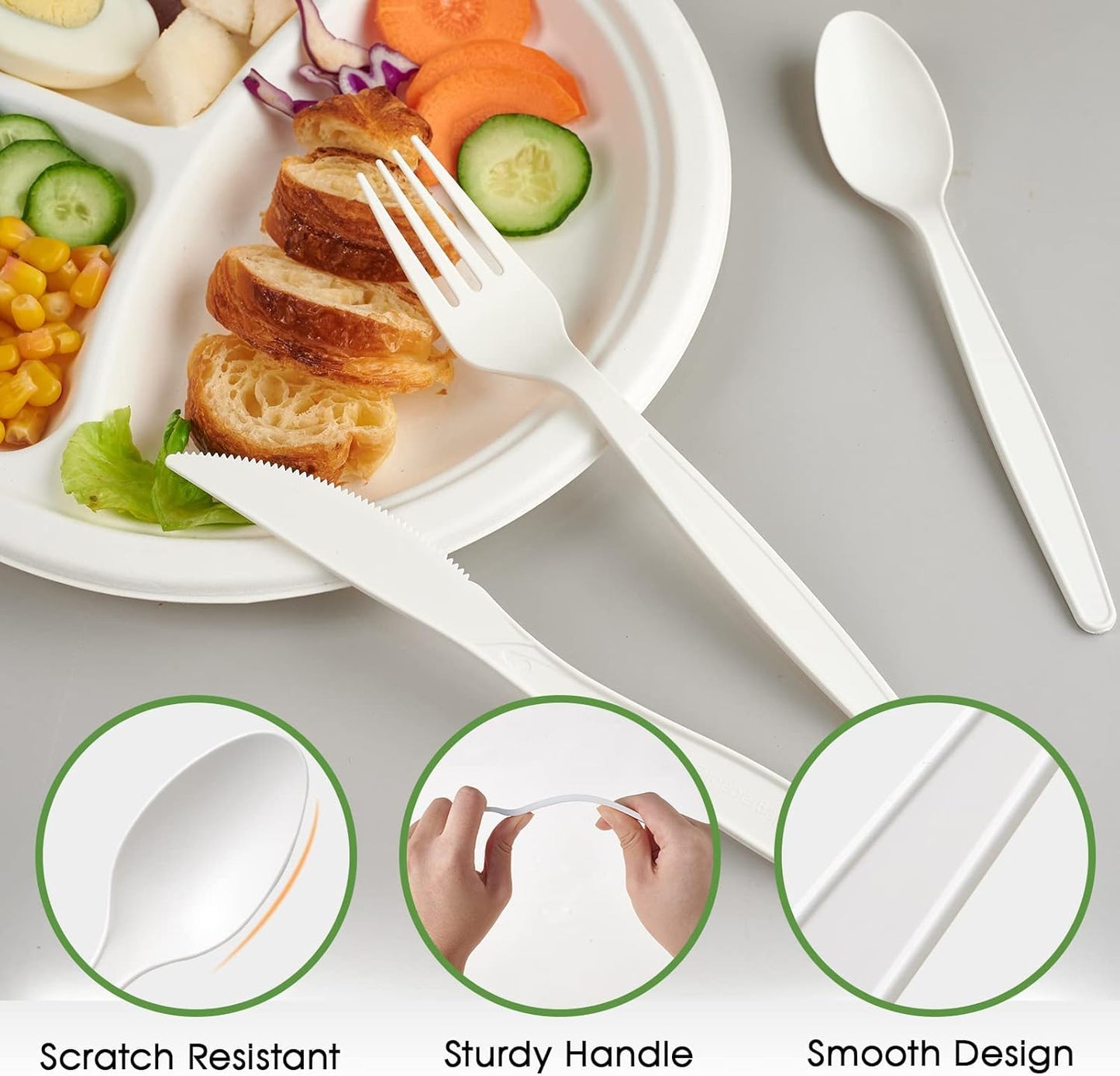 ECOLipak 350 Pcs Compostable Cutlery Set, 7 Inch Large Size Biodegradable Disposable Silverware Set 150 Forks 100 Spoons 100 Knives, Heavy Duty Bio based CPLA Utensils for Party, BBQ, Picnic