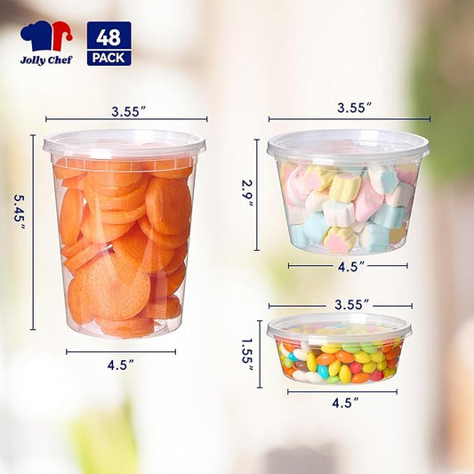 JOLLY CHEF Deli Food Storage Containers with Lids: [48 Sets 3 Sizes] 8 oz, 16 oz, 32 oz Plastic Soup Containers, BPA-free, leak-proof, Takeout Meal Prep Storage
