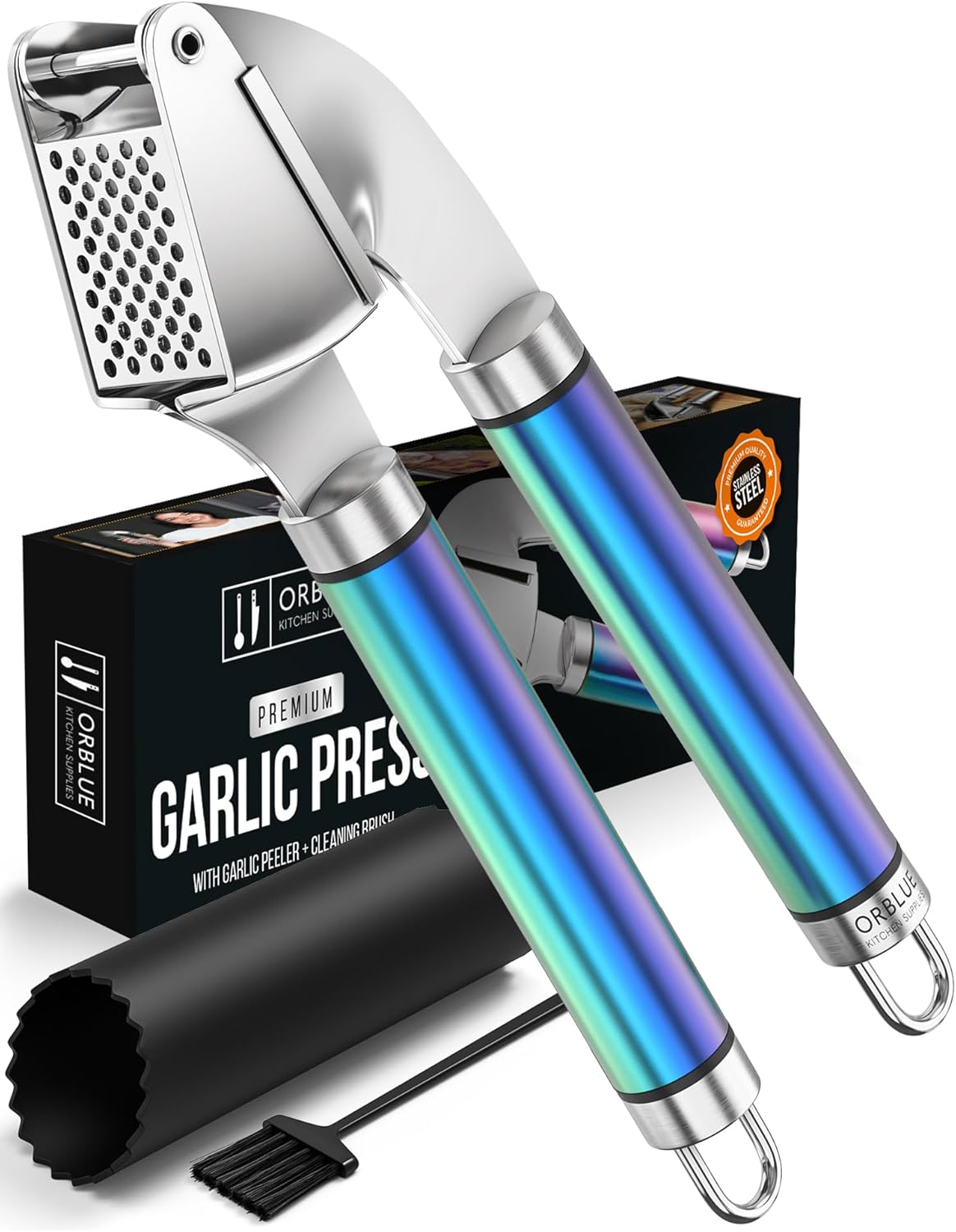ORBLUE Garlic Press Stainless Steel - Premium Professional Grade Garlic Mincer, Crusher & Peeler Set - Easy Clean, Dishwasher Safe & Rust-proof, Multi-colored