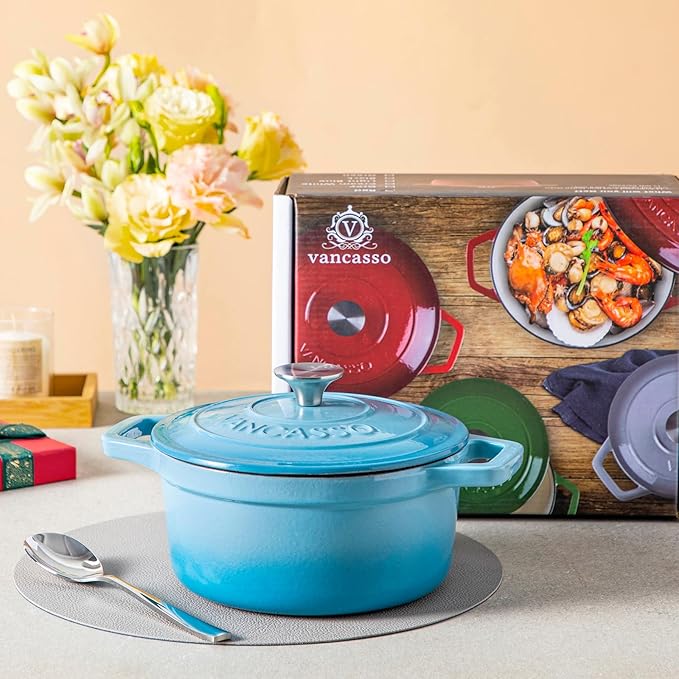 vancasso Enameled Cast Iron Dutch Oven, 2.5 QT Blue Naturally Non-Stick Casserole Dish Cookware, with Stainless Steel Knob Lid Cast Iron Casserole for Steam Braise Bake Broil Saute Simmer Roast