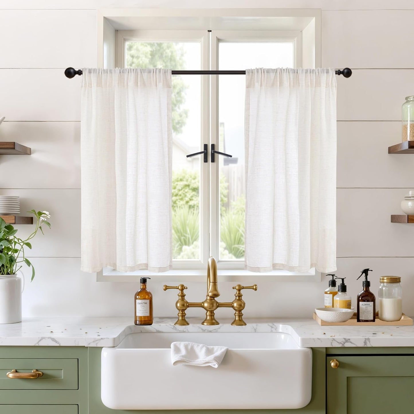 BGment Small Linen Curtains 36 Inch Length for Cafe Window, Half Drapes Lightweight Semi Sheer with Rod Pocket for Front Door Kitchen Window Over Sink, 2 Panels Set, 24 Inch Wide Each Panel