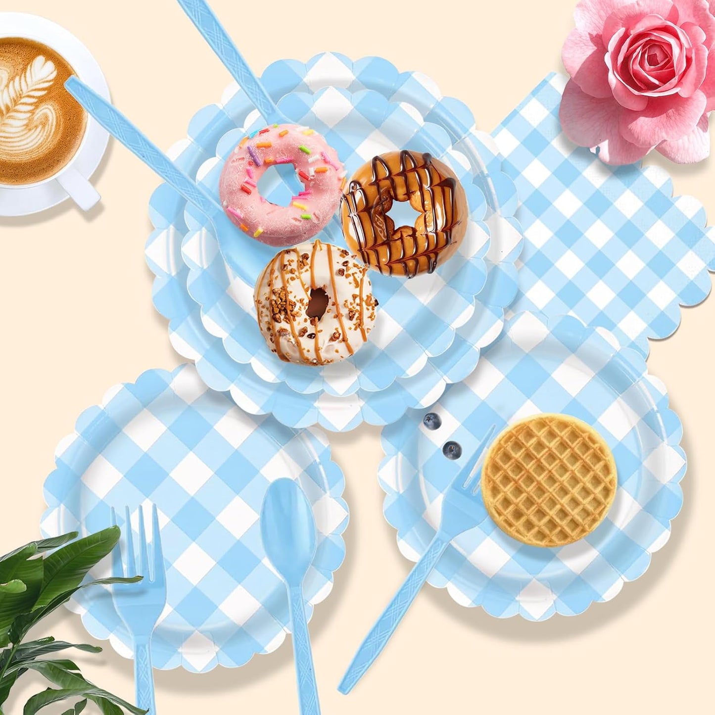 192 PCS Gingham Party Supplies Serve 24 Guests Gingham Plates and Napkins and Cups for Birthday Decorations Baby Shower Checkered Party Supplies Dinnerware Sets for Girl Boy Light Blue