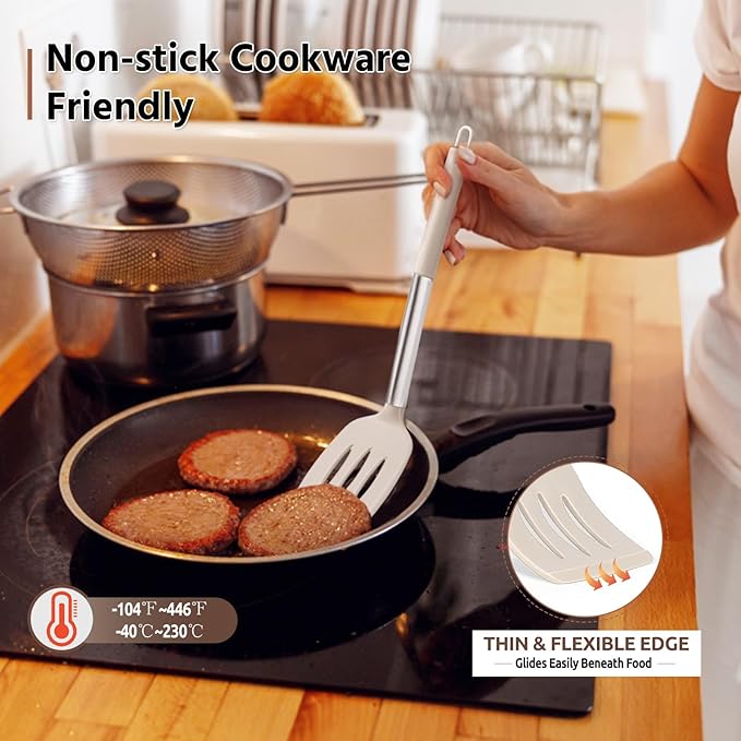 E-far Silicone Spatula Set of 2, Solid & Slotted Turner for Nonstick Cookware, Heat Resistant Rubber Kitchen Cooking Utensils for Flipping Fish Pancake Egg - Khaki