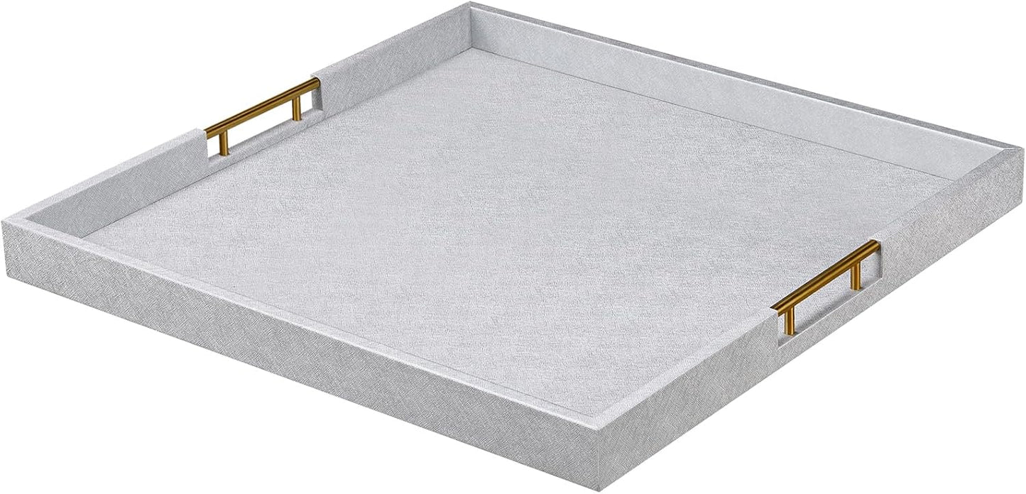 24x24 Inches Extra Large Silver Faux Leather Wrapped Wood Ottoman Tray with Golden Handles for Serving Food and Breakfast On Bed, Square Coffee Table Organizer, Home Decor and Decorative