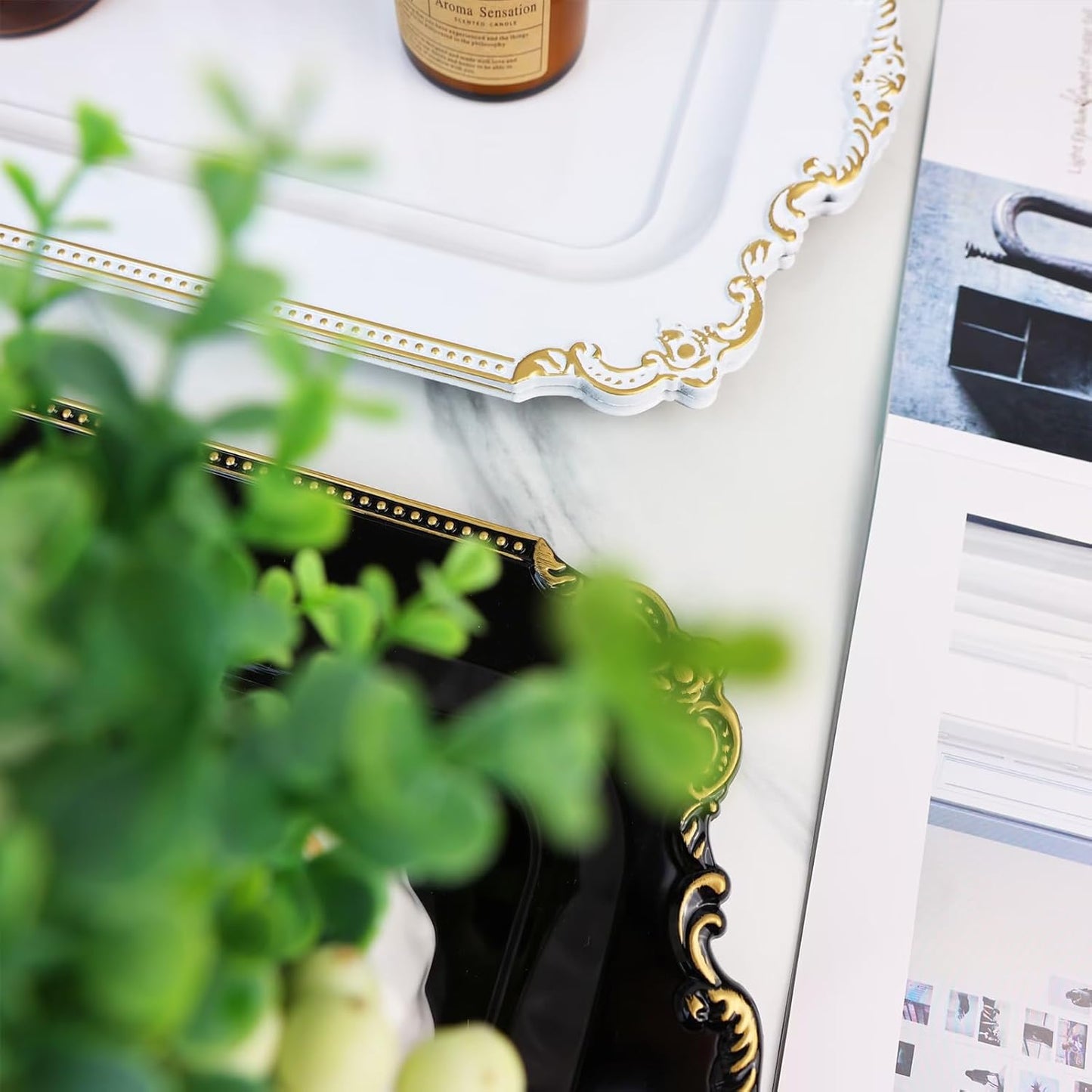 2 Pcs White Vintage Decorative Trays with Gold Rim, Serving Tray for Table Centerpiece Decor, Coffee Table, Living Room