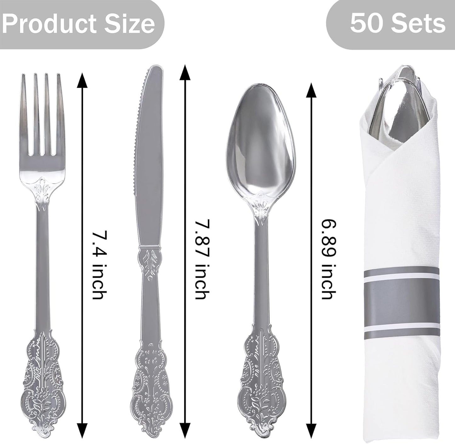 WELLIFE 50 Pack Silver Plastic Silverware, Wrapped Silverware Set Disposable,Plastic Utensils Set Include 50 Forks, 50 Knives, 50 Spoons and 50 Napkins, Disposable Cutlery for Party and Wedding