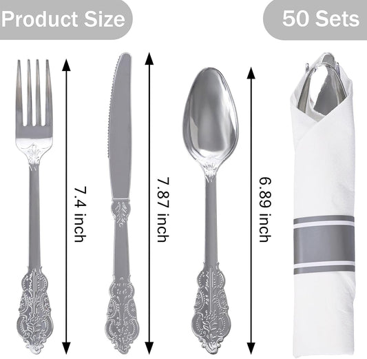 WELLIFE 50 Pack Silver Plastic Silverware, Wrapped Silverware Set Disposable,Plastic Utensils Set Include 50 Forks, 50 Knives, 50 Spoons and 50 Napkins, Disposable Cutlery for Party and Wedding