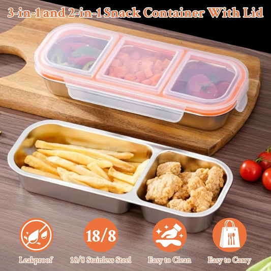 2 Pack Stainless Steel Snack Containers, 3+2 Compartment Snack boxes, Reusable Snack Containers with Lids for Adults - Leakproof Divided Metal Food Storage Bento Lunch Box for Work, Office, Travel