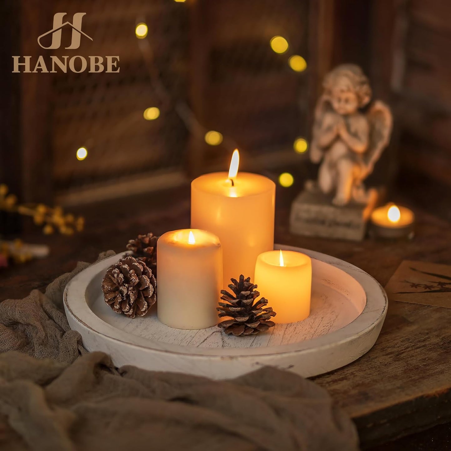 Hanobe Rustic Wooden Serving Tray: Round Wood Decorative Tray Rustic White Centerpiece Candle Holder Trays Farmhouse Ottoman Tray for Decor Kitchen Counter Home Decor for Coffee Table