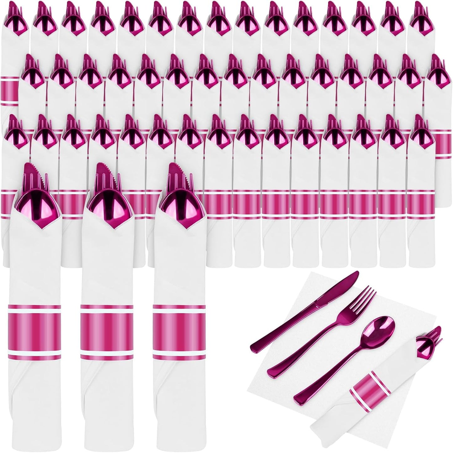 100Pack Pre Rolled Hot Pink Plastic Silverware - Wrapped Hot Pink Disposable Cutlery with Napkins, Pre Rolled Plastic Silverware Set, Disposable Christmas Silverware with Dinner Napkins for Party