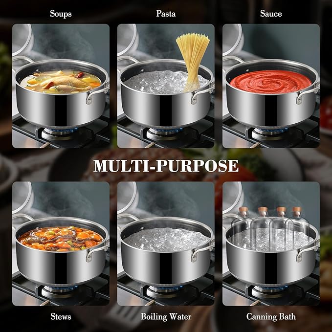 Tri-Ply Stainless Steel Stock Pot, 5 Quart Pot with Lid - Non Stick Pots -Induction Ready, Cooking Pots with Lids, Cool Handles, Dishwasher (Stainless Steel, 5.2QT)