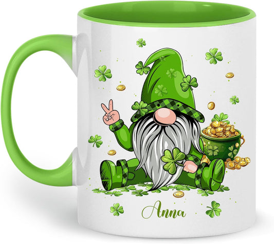Hyturtle Personalized Gnome Mug - Cute Gnome Gift For Women - Lucky Gift For Gnome Lover - Gnome St. Patricks Day Decorations - Gnome Gifts - Custom Name Coffee Cup Ceramic Mug 11oz 15oz