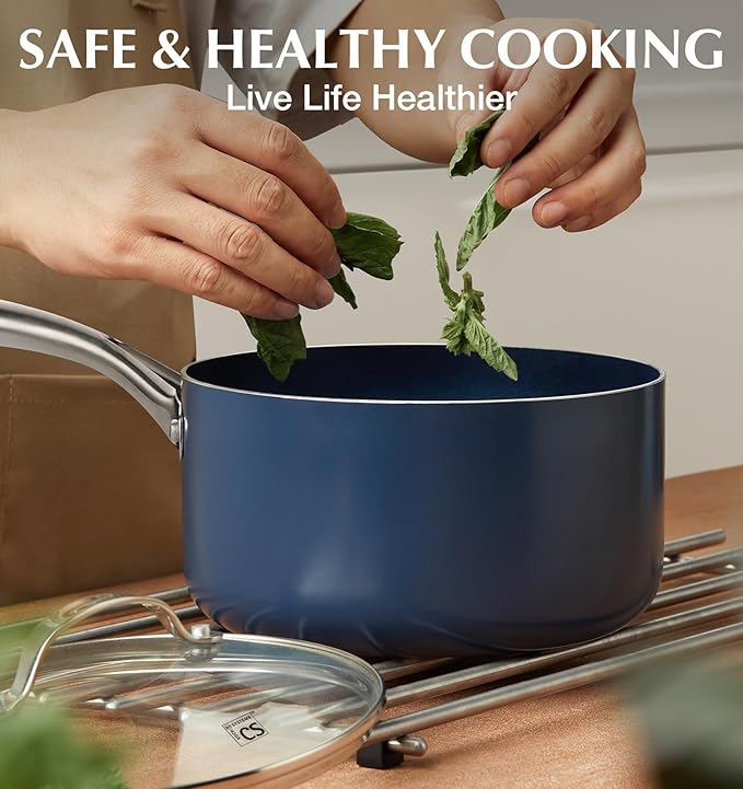 KOCH SYSTEME CS Nonstick Sauce Pan with Lid 1QT & 2QT & 3QT, 6pcs Nonstick Saucepan Set with Cool-Touch Handles, Pot Set with Ceramic Coating, Induction Compatible Sauce Pan, Oven Safe, Gradient Blue