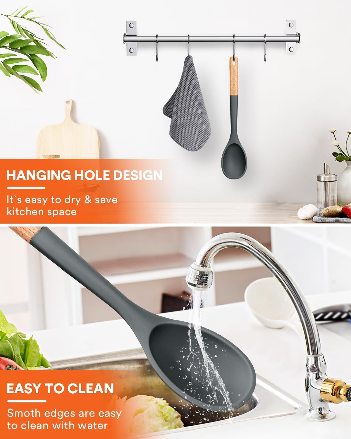 Large Silicone Cooking Spoons, Nonstick Solid Wooden Handle Spoon, Heat Resistan Silicone Kitchen Spoons for Cooking, Serving, Basting, Mixing, 13.2inch (Grey)