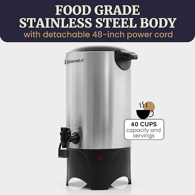 Elite Gourmet CCM040 Stainless Steel 40 Cup Coffee Urn Removable Filter For Easy Cleanup, Two Way Dispenser with Cool-Touch Handles Electric Coffee Maker Urn, Stainless Steel
