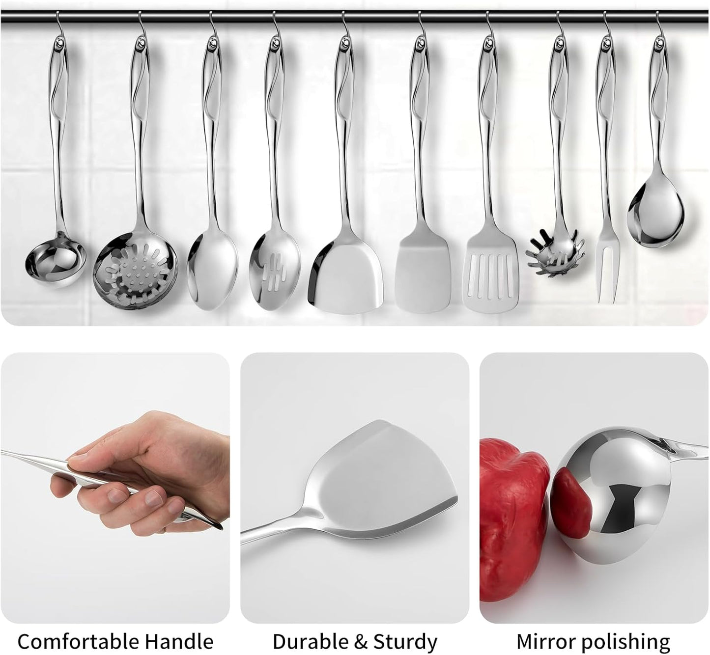 304 Stainless Steel Kitchen Utensils Set, 10 Pcs Metal Cooking Utensil, Mirror Polished Kitchen Gadget Cookware and Kitchen Tool Set, Dishwasher Safe