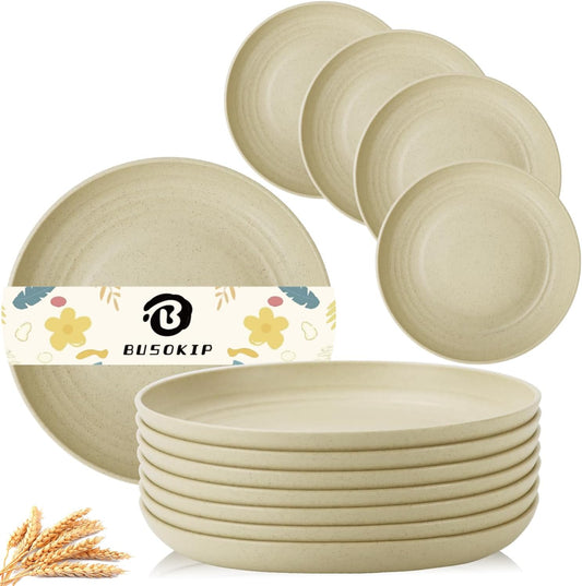 Wheat Straw Dinner Plates Set of 8, 10 Inch Beige, Lightweight & Unbreakable, Microwave & Dishwasher Safe Kids Plates
