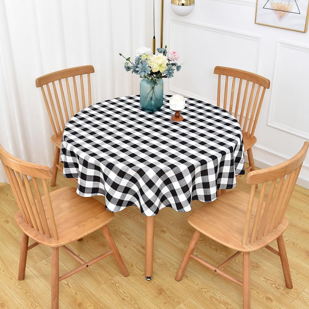 Gingham Round Tablecloth Table Cloth Heavy Duty Cotton Checkered Table Cloth Round Cover for Dining Room (R-Black, 53 inch Diameter)