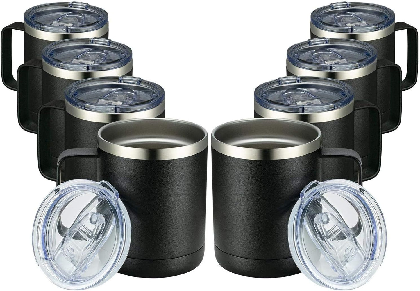 MEWAY 12oz Coffee Mug With Handle 8 Pack Bulk,Stainless Steel Insulated Travel Tumblers With Sliding Lid,Double Wall Vacuum Camping Cup for Hot & Cold Drinks Tea (Black, 8)