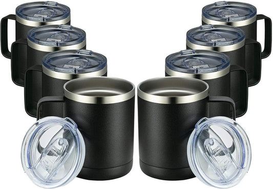 MEWAY 12oz Coffee Mug With Handle 8 Pack Bulk,Stainless Steel Insulated Travel Tumblers With Sliding Lid,Double Wall Vacuum Camping Cup for Hot & Cold Drinks Tea (Black, 8)