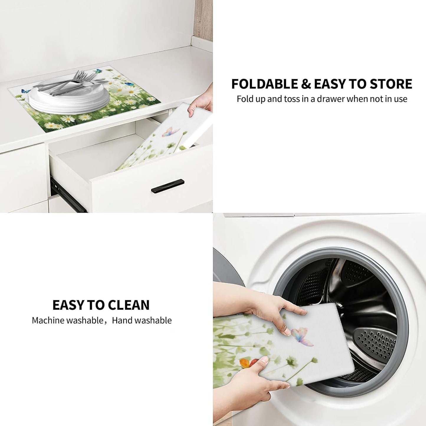 Vintage Watercolor Daisy Butterfly Dish Drying Mat for Kitchen Counter, 16"x18" Microfiber Absorbent Fast Dry Mat, 2Pcs Dish Mat Faucet Mats Sets, Large Drying Kitchen Mat Kitchen Drying Pad