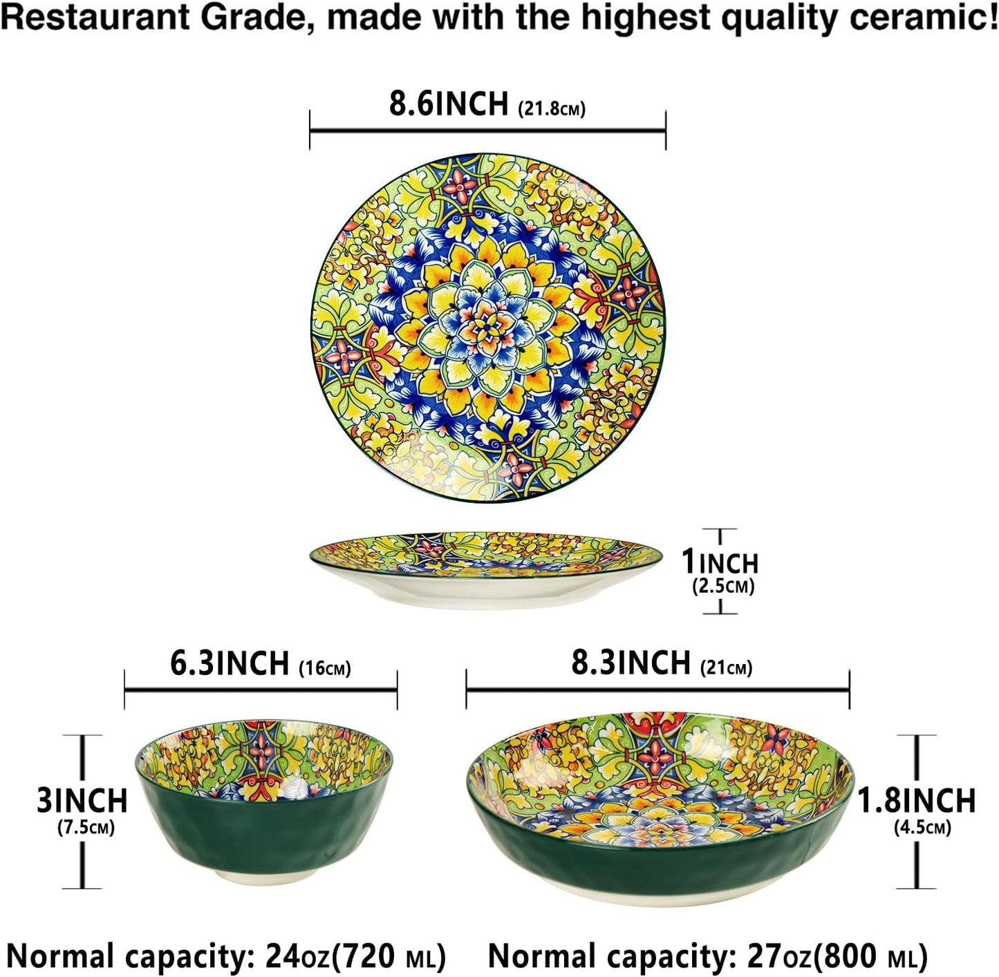 Mandala Dinnerware Sets, Plates and Bowls Set, Porcelain Dishes (12 Pieces) Service for 4, Zanzibar, Bohemian Style Dining Ware, for Kitchen and Dining Multicolor Dinnerware Set