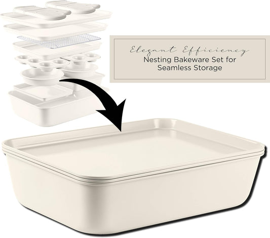 Country Kitchen Nonstick Stackable Bakeware Set - Deluxe Heavy Duty, Durable, Easy Release Baking Set, Cream, 13 Pcs