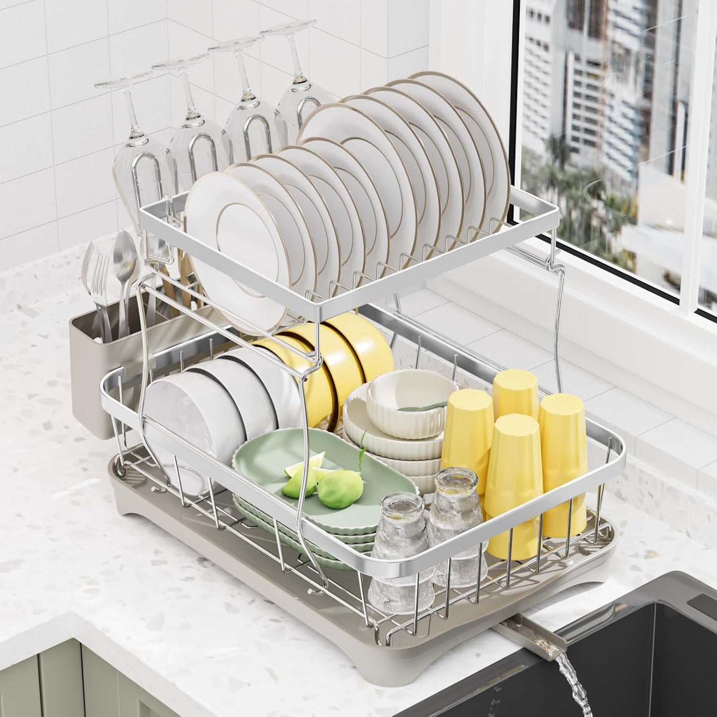 LIYI Dish Drying Rack,Large Dish Rack for Kitchen Counter,2-Tier Dish Racks with draining Tray,Detachable Capacity Dish Drainer Organizer,Grey