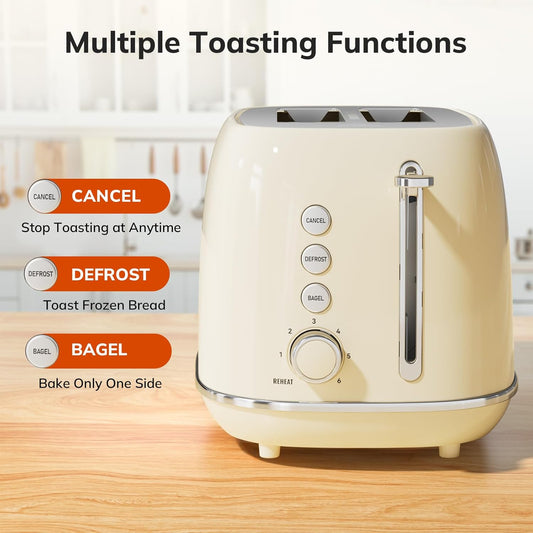 Toasters 2 Slice Retro Stainless Steel Toasters with Bagel, Cancel, Defrost Function and 6 Bread Shade Settings Bagel Toaster, Beige
