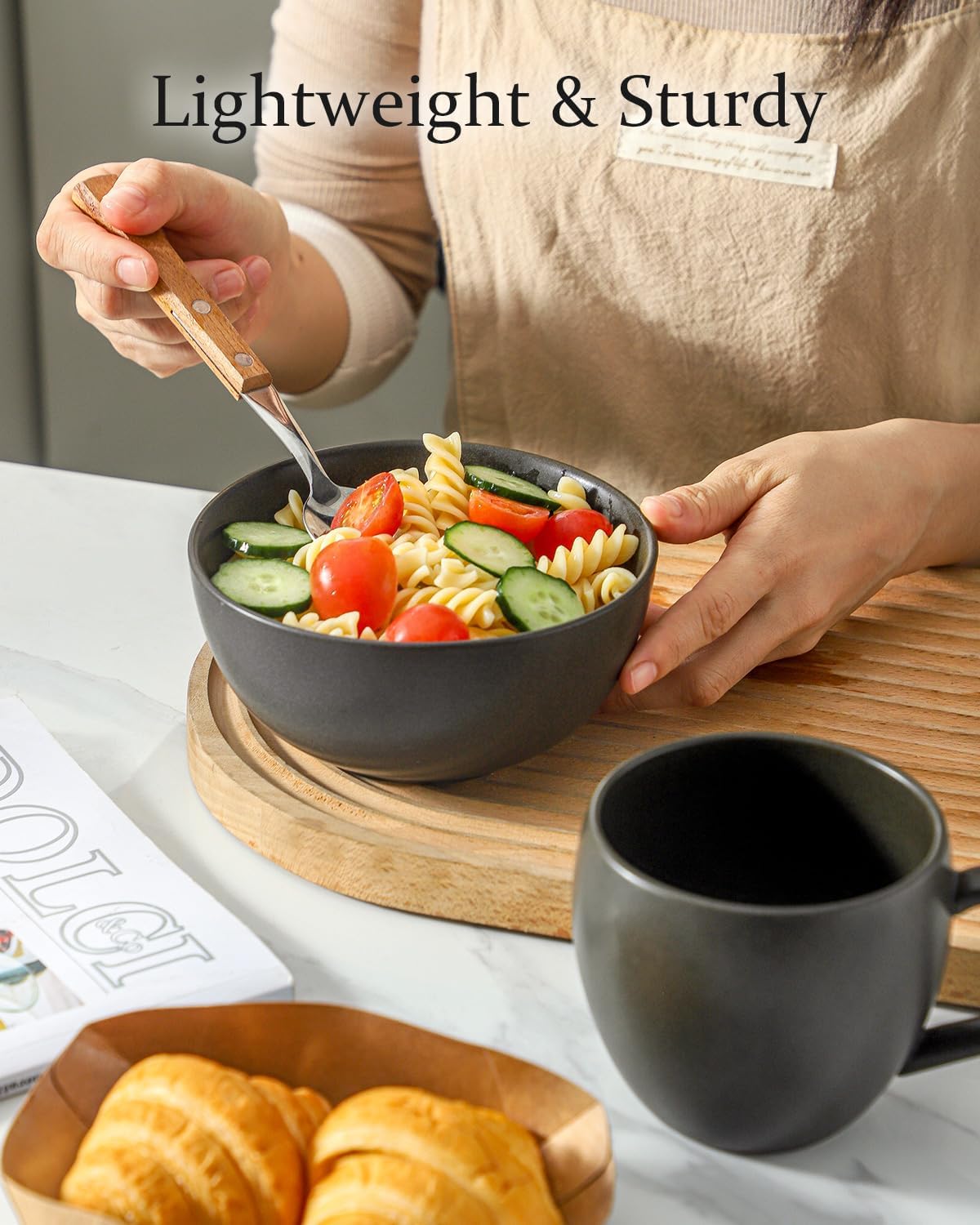 Stoneware Soup Bowls, 24 oz Cereal Bowls Set of 6 for Kitchen, Ceramic Bowls Set for Oatmeal, Dessert, Noodle, Cute Bowls Set for Gift, Dishwasher Microwave Oven Safe, Matte Black