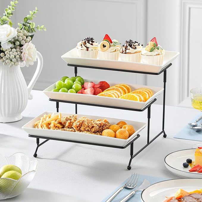 MALACASA 3 Tier Serving Trays for Party, Porcelain Serving Platters and Trays, 12 Inch Tiered Tray Stand, Fruit Tray, Trays for Serving Food, White Dessert Stand with Collapsible Sturdier Metal Rack