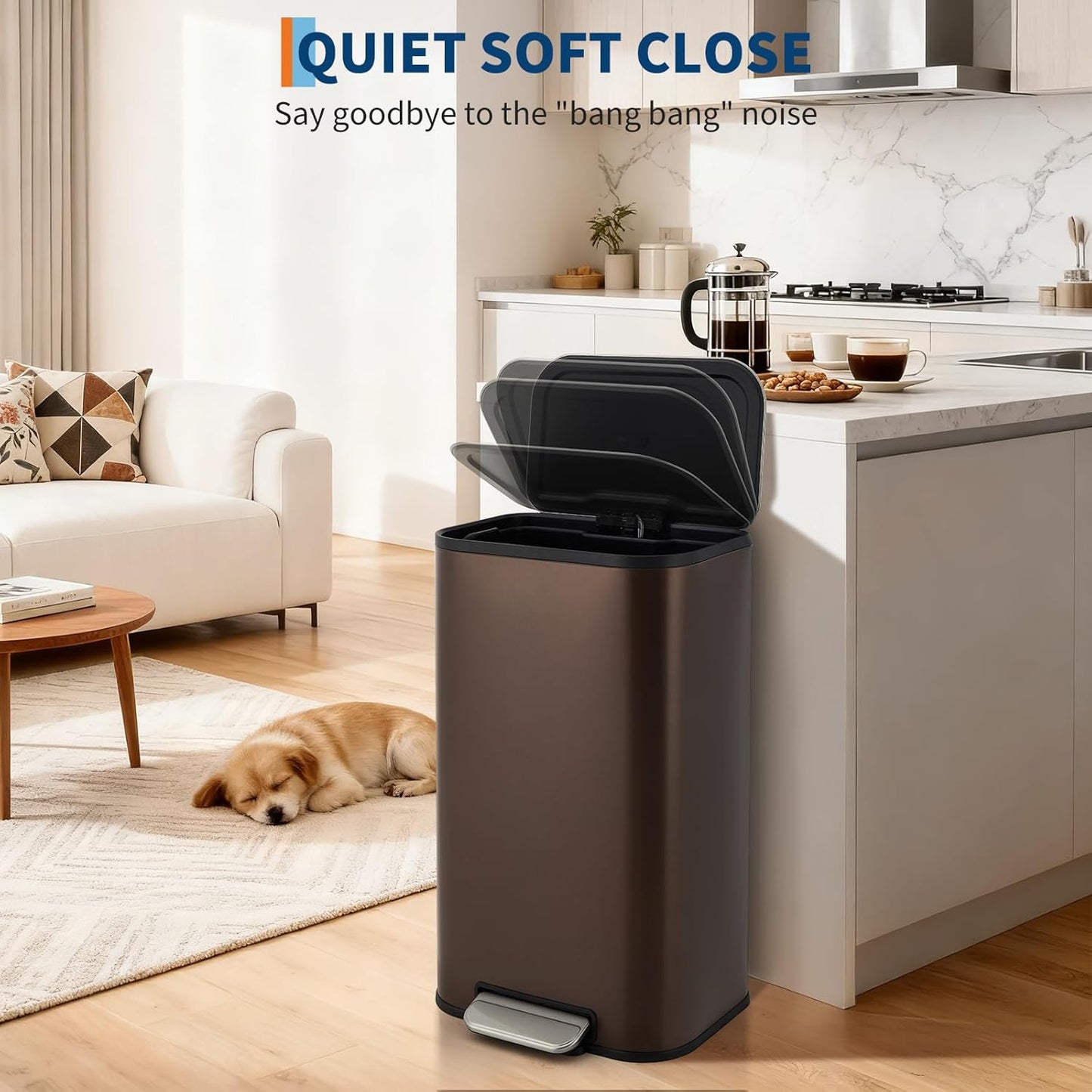 8 Gallon Trash Can for Kitchen, Stainless Steel Garbage Can with Soft-Close Lid, Rectangular Trash Can with Step-On Pedal and Inner Bucket for Home Office Bathroom Living Room, Brown