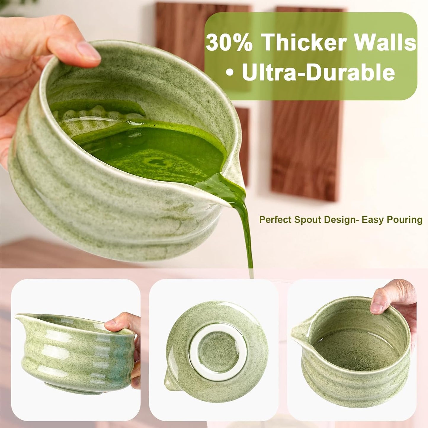 Matcha Whisk Set, 7Pcs Matcha Set - Matcha Bowl with Spout, Handcrafted Bamboo Whisk & Ceramic Holder, Steel Sifter, Towel, Matcha Kit for Tea Ceremony, Timeless Ideal Gift (Speckled green)