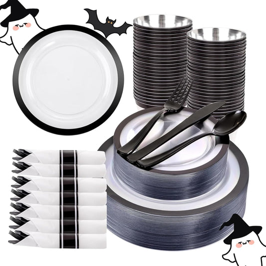 Liacere 350PCS - Clear Plates with Black Rim for 50Guests Dinnerware Include 100 Clear Plates disposable 150 Black Silverware 50 Napkins for Party&Halloween