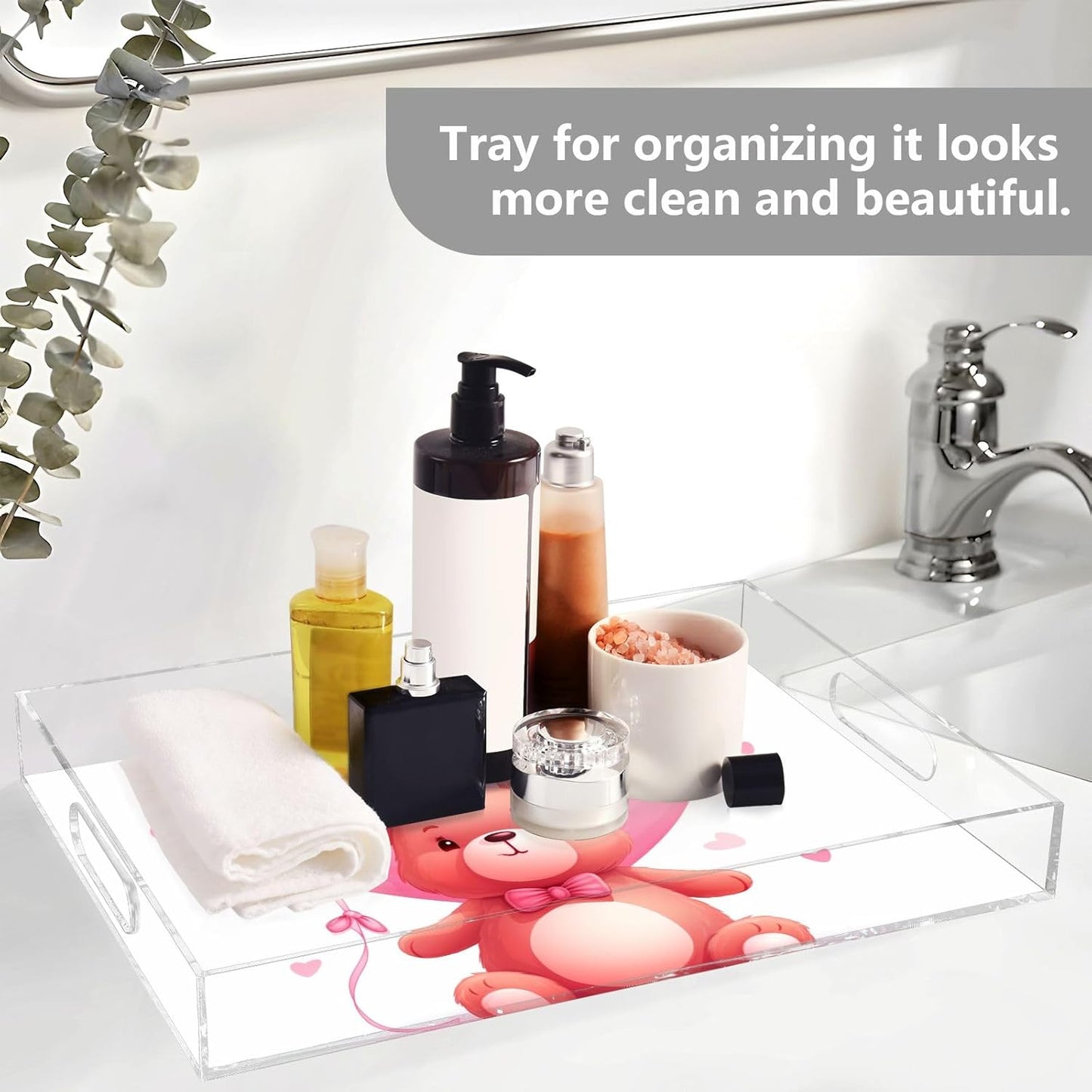 Plastic Food Serving Tray Decorative Vanity Trays for Bathroom Bear Heart 1 Coffee Table Kitchen Counter 11.8 * 15.7in