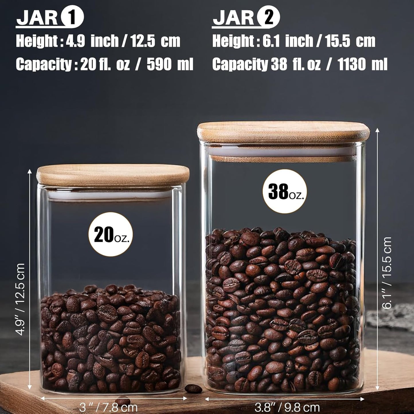 38+20 oz Glass Food Storage Jars with Airtight Lids, Clear Glass Jar with Bamboo Lid, Airtight Food Canister for Tea, Candy, Coffee, Sugar, Cookie, Snack. (Square | 5+6 Inch)