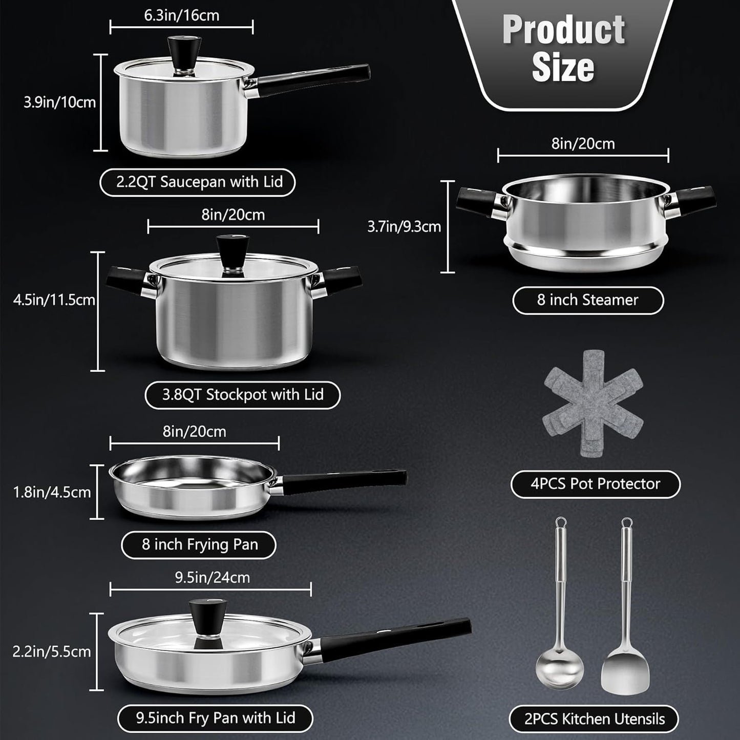 14Pcs Kitchen Pots and Pans Set, Stainless Steel Cookware Set Non Toxic, Induction Cooking Pot and Pan Set with Stay-Cool Handles, Healthy PFAS, PFOA, PFOS Free, Dishwasher Safe