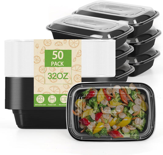 50 Pack Meal Prep Containers Reusable,1-Compartment Plastic Food Storage Containers with Lids,Bento Box,Microwave,Freezer,Dishwasher Safe,Lightweight & Durable,32oz
