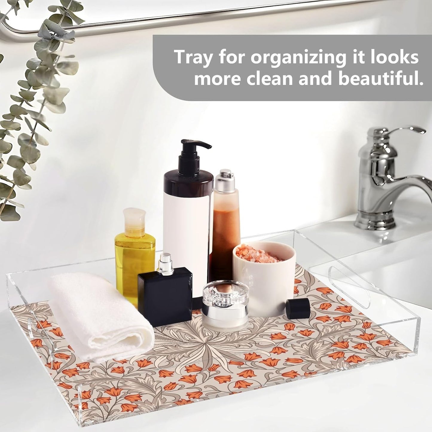 Acrylic Serving Tray with Handles Spill Proof Kitchen Storage Tray Clear Decorative Tray Makeup Drawer Organizer Storage Tray for Bathroom Living Room Ottoman 15.7x11.8Inches