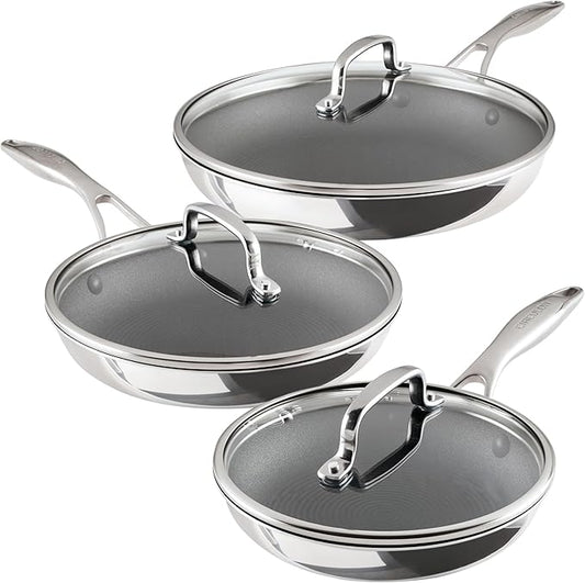 Circulon C1 Series Clad Stainless Steel with ScratchDefense Technology Cookware Nonstick Induction Frying Pans/Skillets with Lids, Metal Utensil Safe, 6 Piece Set - Polished Stainless Steel