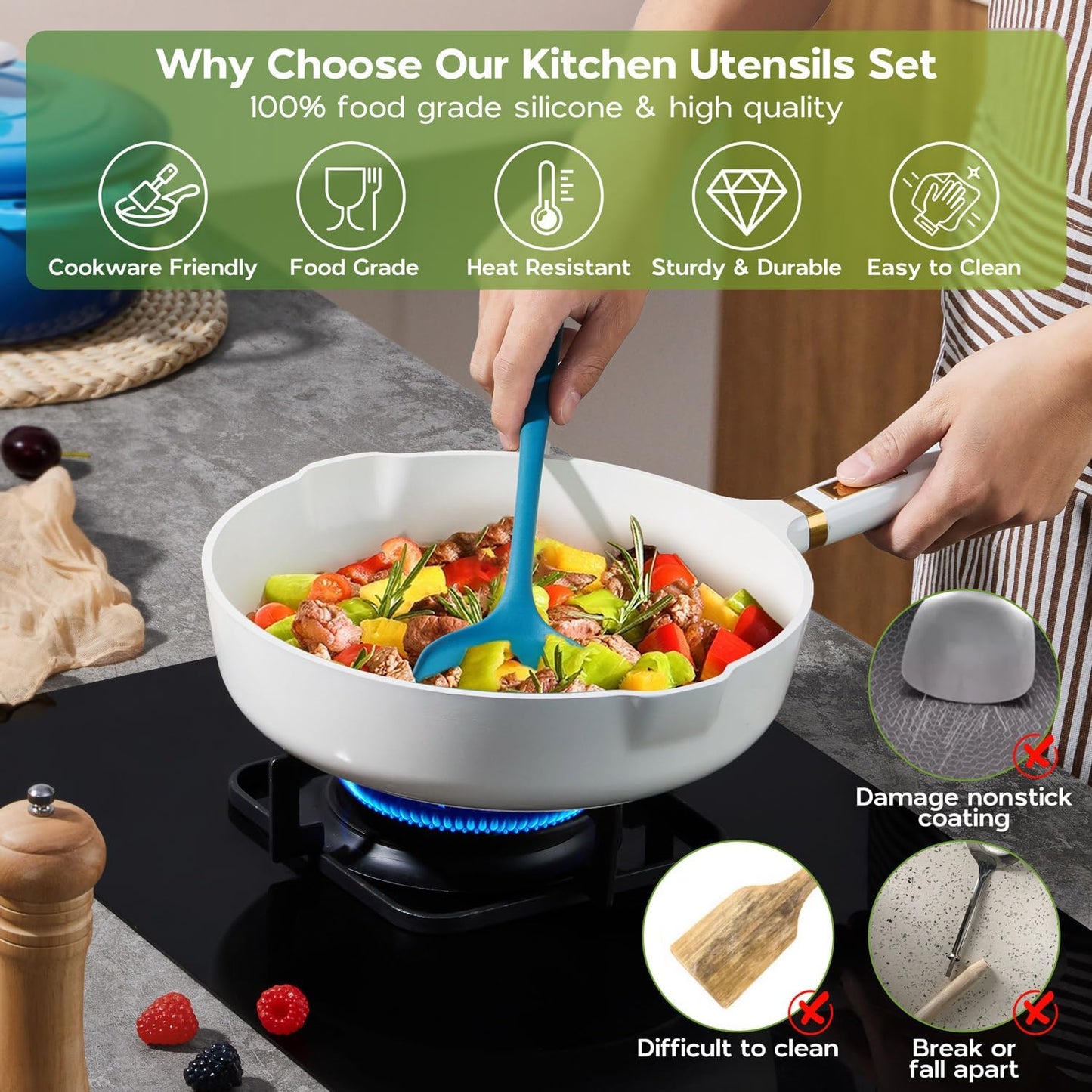 Onader Silicone Kitchen Utensils, Non Toxic Cooking Utensils Set for Nonstick Cookware, Kitchen Gadgets Tools Set of 10 - Colorful